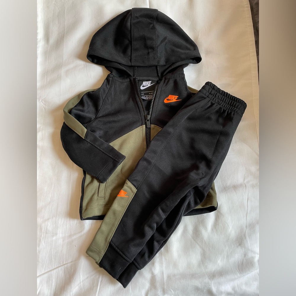 Nike Kids Black and Olive Jogger Set with Orange Accents